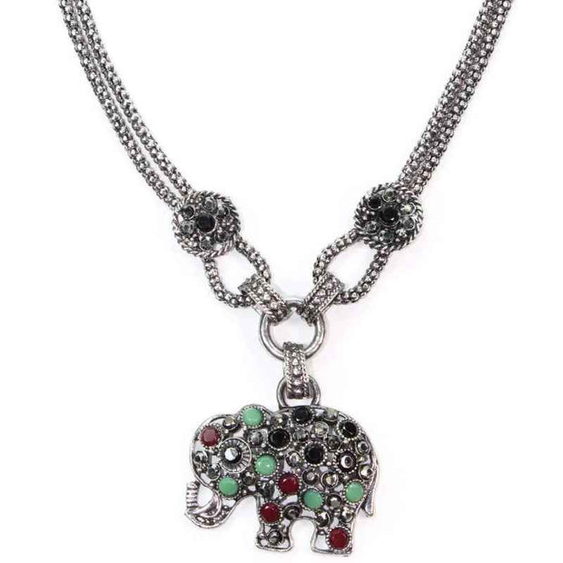 Elephant Pendant Necklace Silver Tone Chain Crystal Charm Jewelry