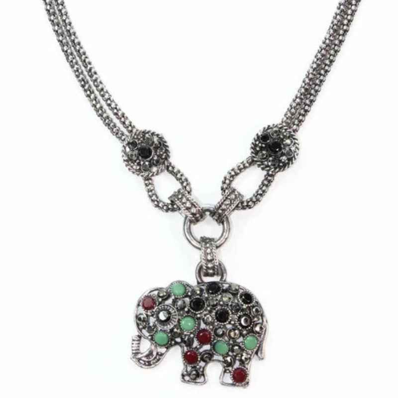 Elephant Pendant Necklace Silver Tone Chain Crystal Charm Jewelry