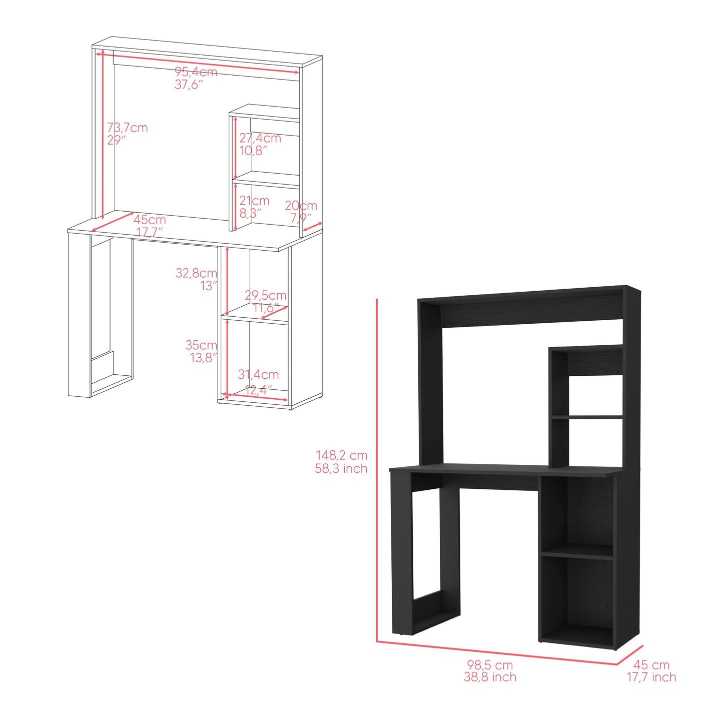 Desk, Hutch, Black Wengue Finish.