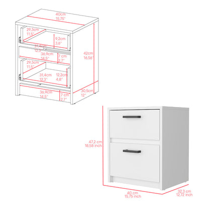 Nightstand, Two Drawers, White Finish.