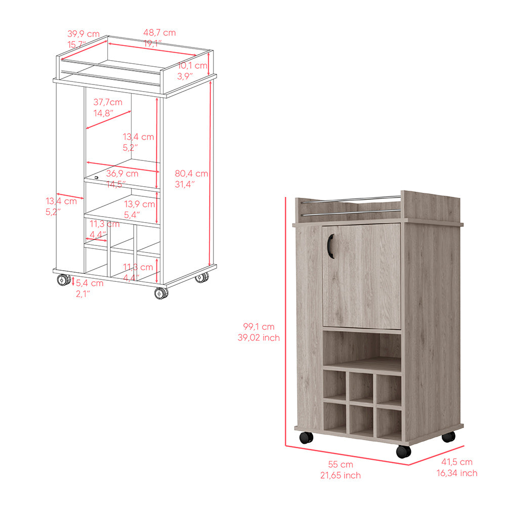 Bar Cart with Wheels, Six Wine Cubbies and Single Door, Light.