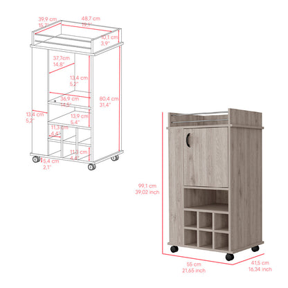 Bar Cart with Wheels, Six Wine Cubbies and Single Door, Light.