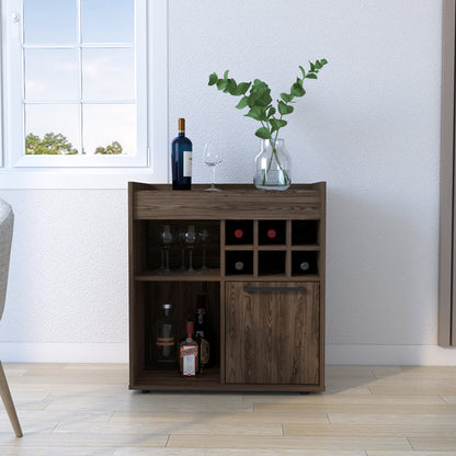 Bar Cabinet, Two Concealed Shelves, Six Wine Cubbies, Dark Walnut.