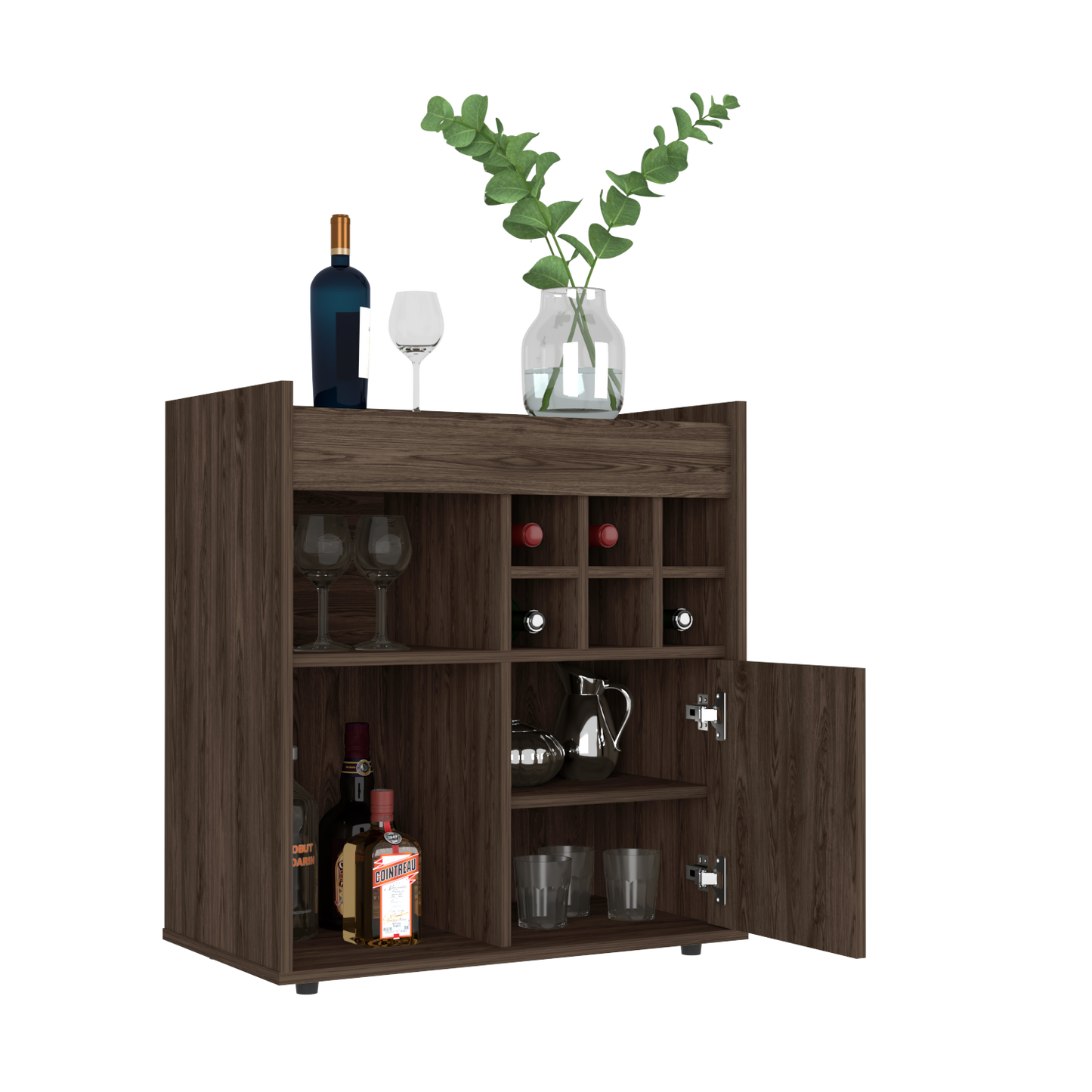 Bar Cabinet, Two Concealed Shelves, Six Wine Cubbies, Dark Walnut.