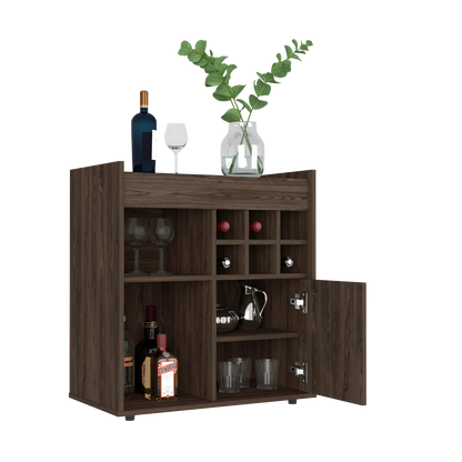 Bar Cabinet, Two Concealed Shelves, Six Wine Cubbies, Dark Walnut.