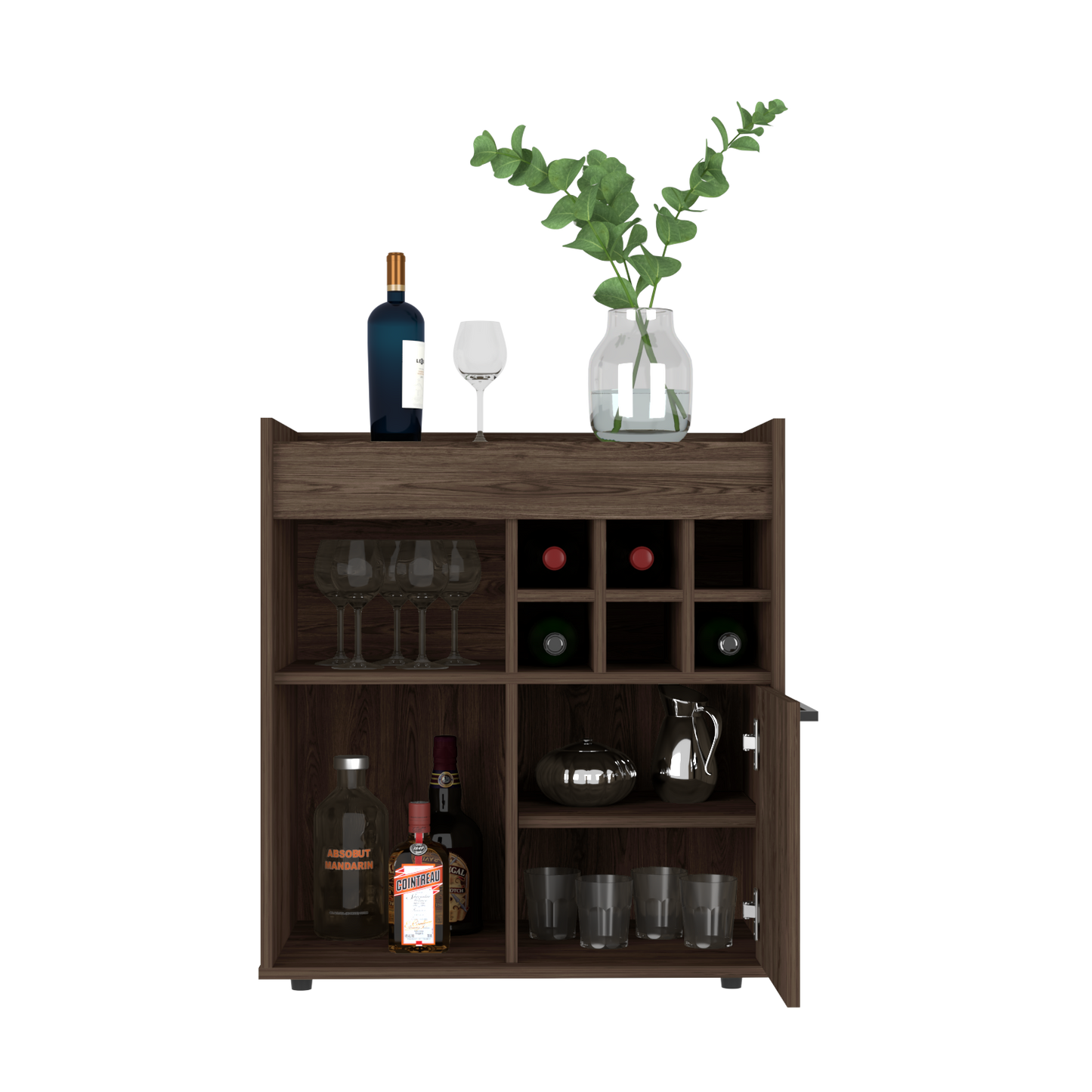 Bar Cabinet, Two Concealed Shelves, Six Wine Cubbies, Dark Walnut.