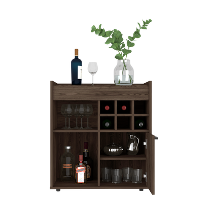 Bar Cabinet, Two Concealed Shelves, Six Wine Cubbies, Dark Walnut.