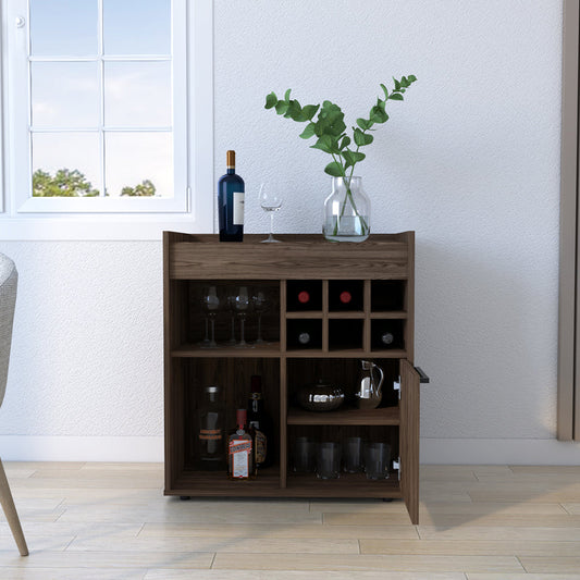 Bar Cabinet, Two Concealed Shelves, Six Wine Cubbies, Dark Walnut.