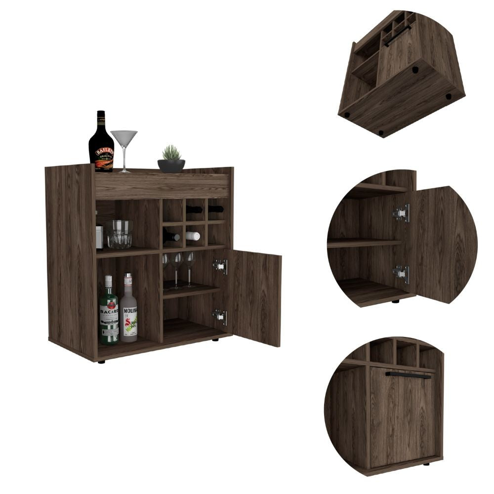 Bar Cabinet, Two Concealed Shelves, Six Wine Cubbies, Dark Walnut.