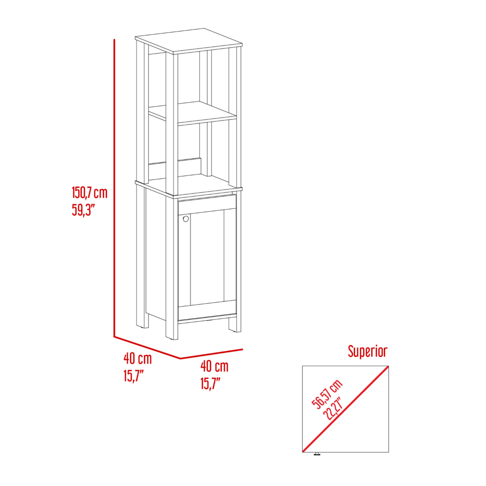 Linen Cabinet, Two Open Shelves, Single Door, Light Gray Finish.