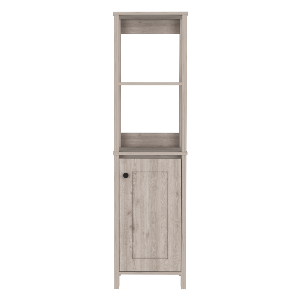 Linen Cabinet, Two Open Shelves, Single Door, Light Gray Finish.