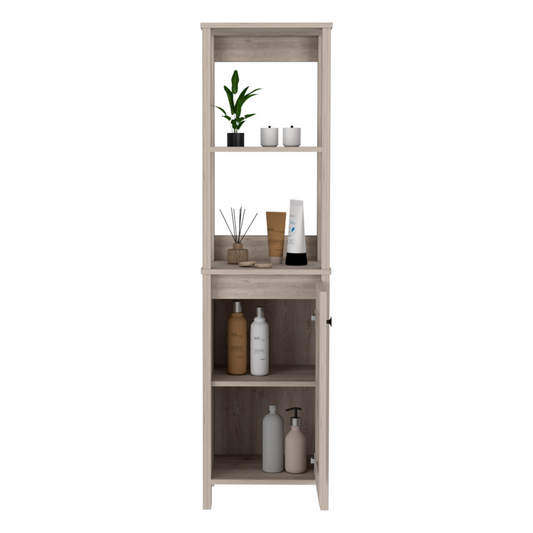 Linen Cabinet, Two Open Shelves, Single Door, Light Gray Finish.