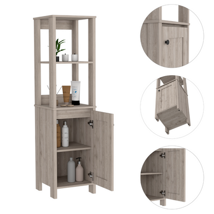 Linen Cabinet, Two Open Shelves, Single Door, Light Gray Finish.