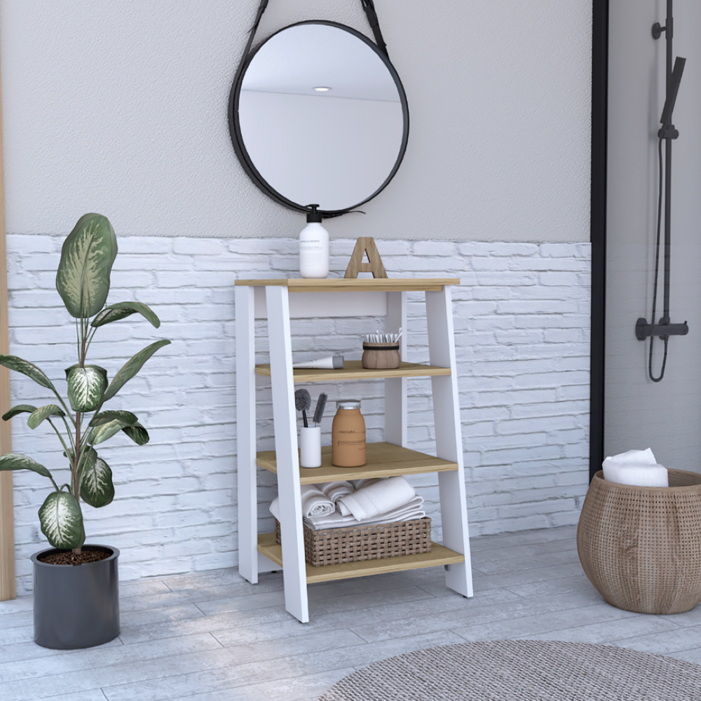 Linen Cabinet, Four Open Shelves, Light Oak / White Finish.