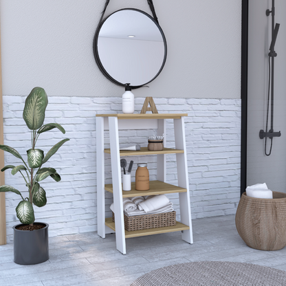 Linen Cabinet, Four Open Shelves, Light Oak / White Finish.