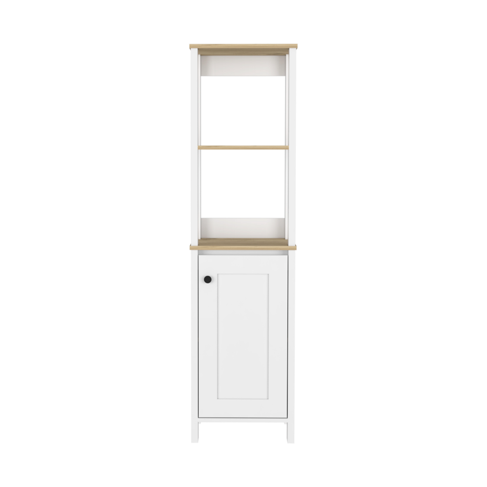 Linen Cabinet, Two Open Shelves, Single Door, Light Oak / White.