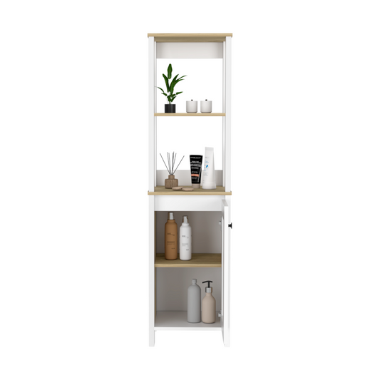 Linen Cabinet, Two Open Shelves, Single Door, Light Oak / White.