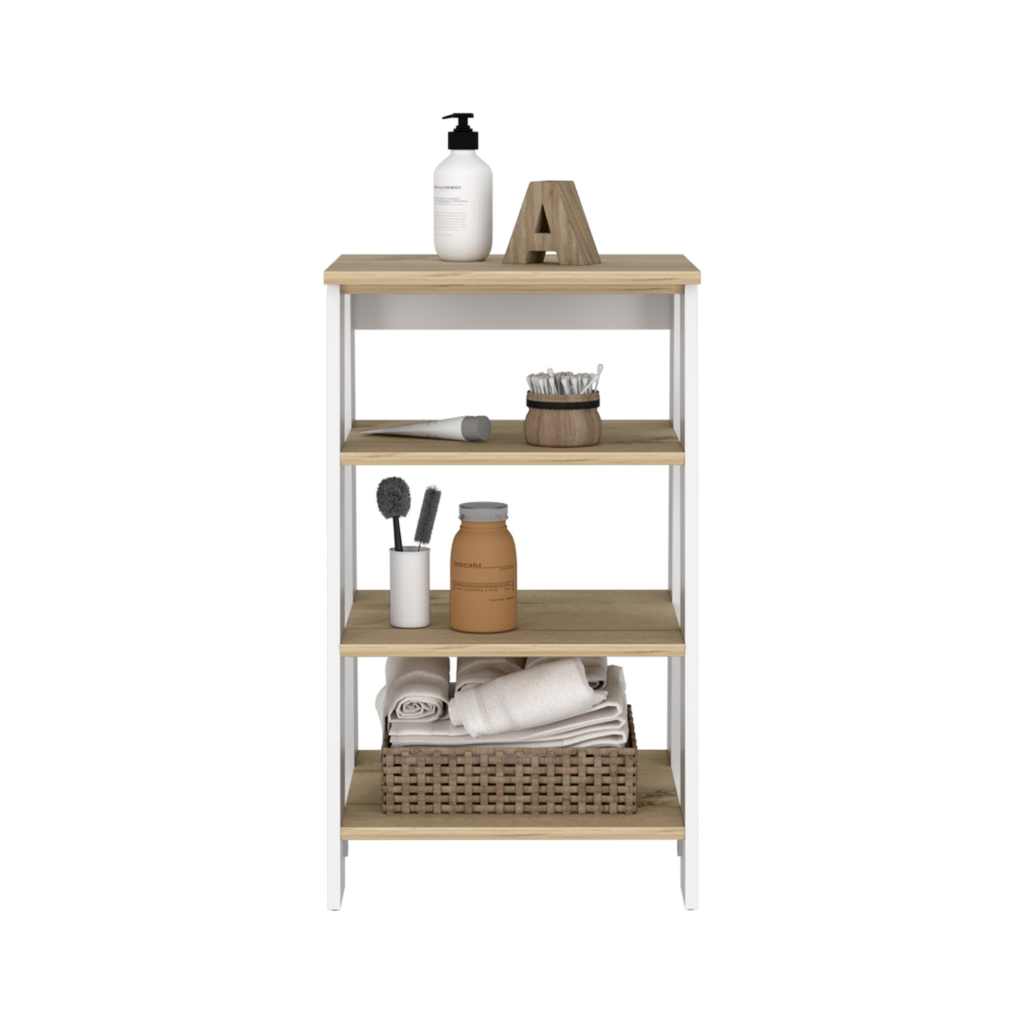 Linen Cabinet, Four Open Shelves, Light Oak / White Finish.