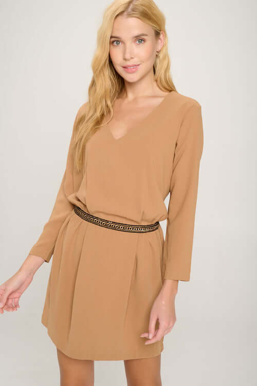 V-Neck Belted Dress