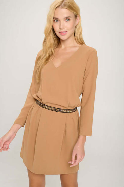 V-Neck Belted Dress