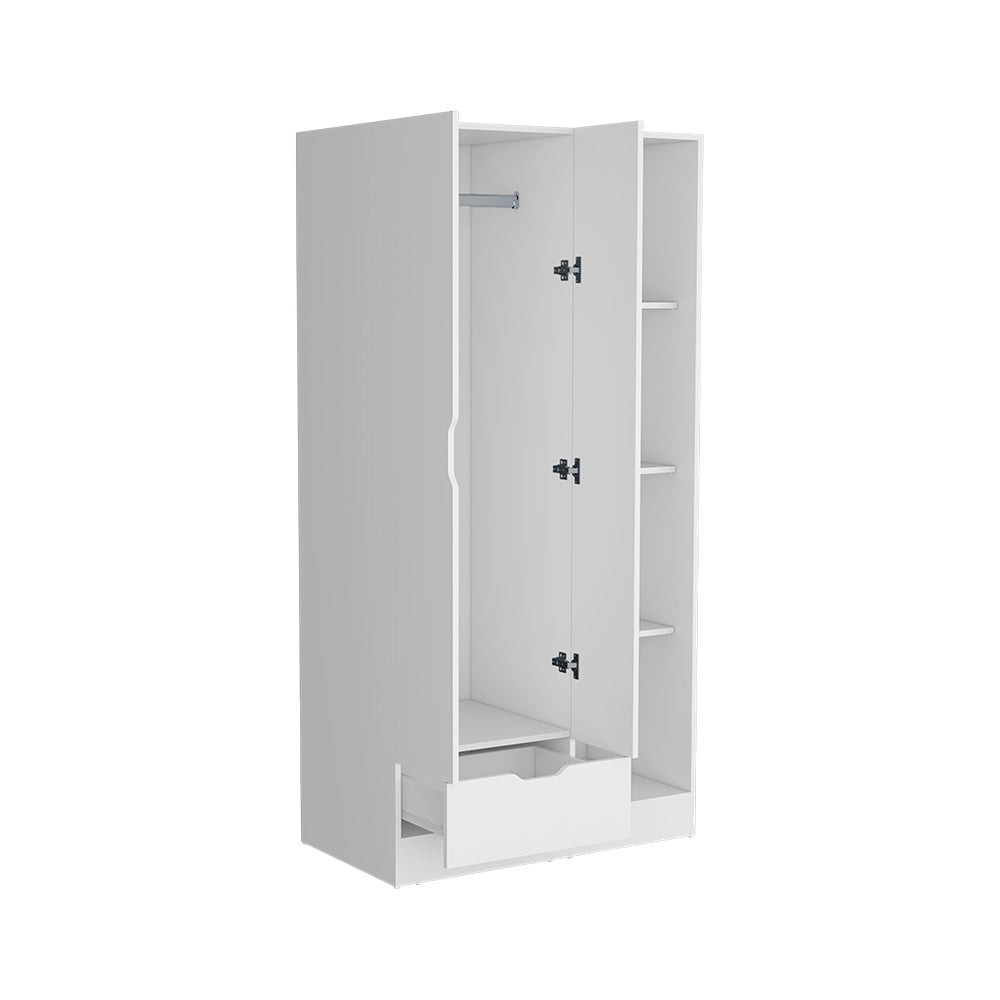 Armoire with Four Storage Shelves, Drawer and Double Door, White