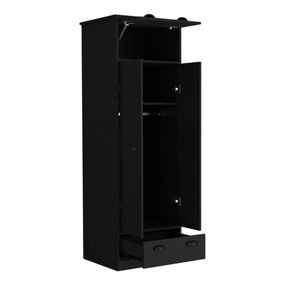 Armoire with Two-Doors, Top Hinged Drawer and 1-Drawer, Black.