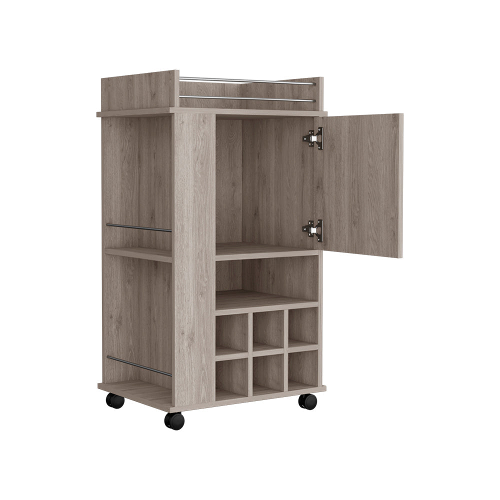 Bar Cart with Wheels, Six Wine Cubbies and Single Door, Light.