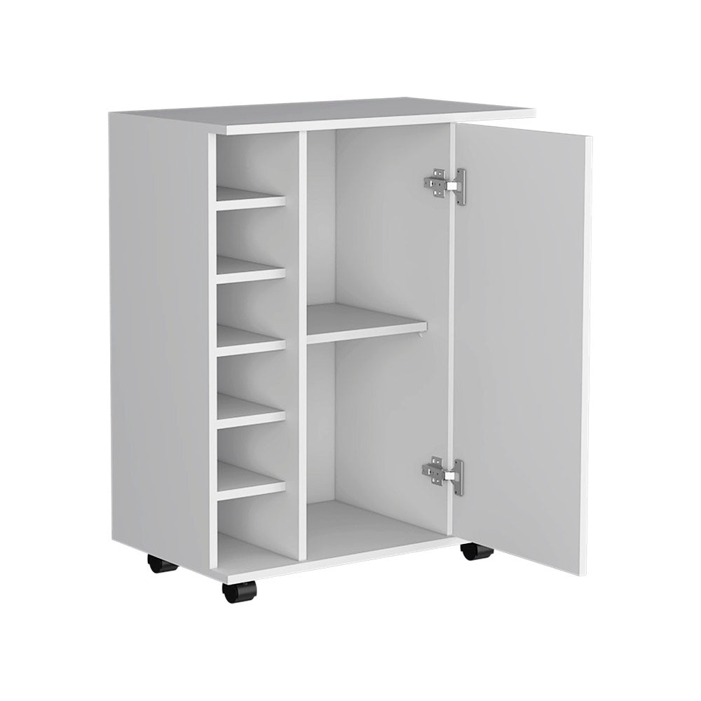 Bar Cart with Six-Wine Cubbies Cabot, Two-Side Storage Shelves White