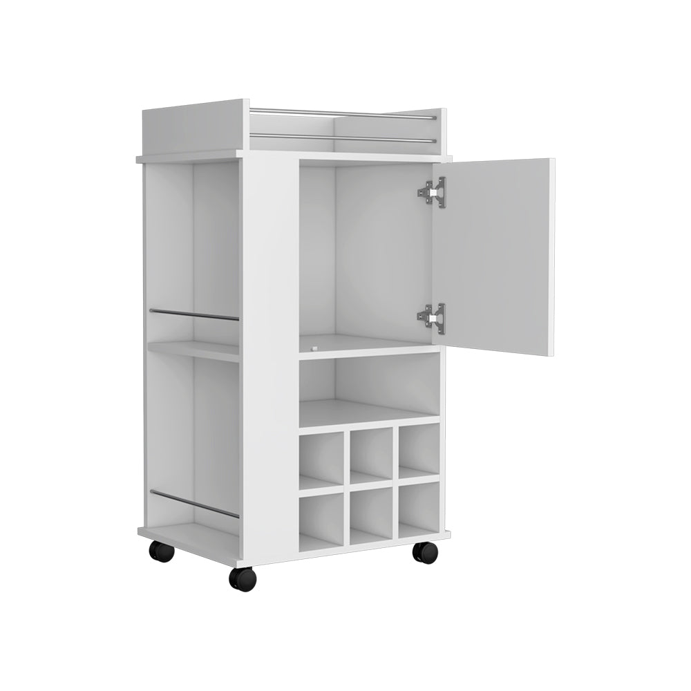 Bar Cart with Wheels, Six Wine Cubbies and Single Door, White