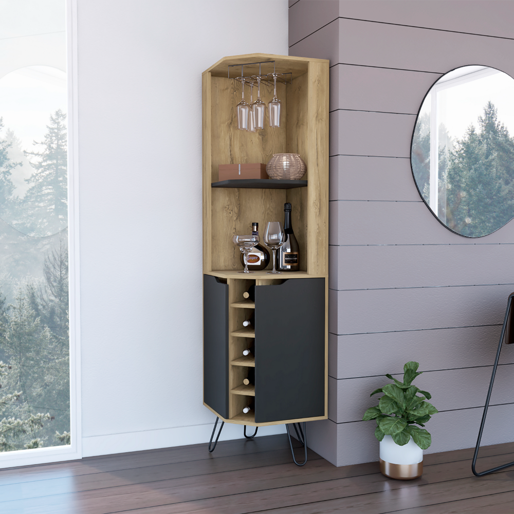 Corner Bar Cabinet, Six Wine Cubbies, Aged Oak / Black.