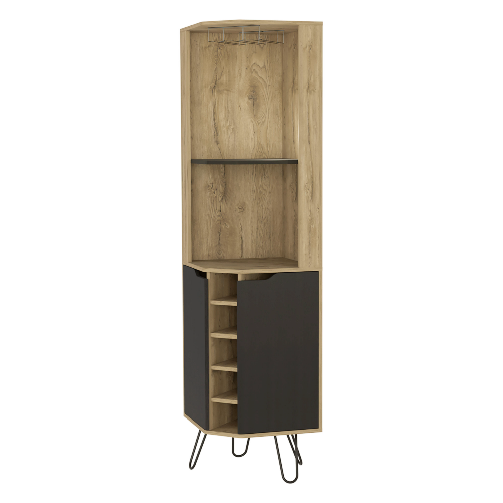 Corner Bar Cabinet, Six Wine Cubbies, Aged Oak / Black.