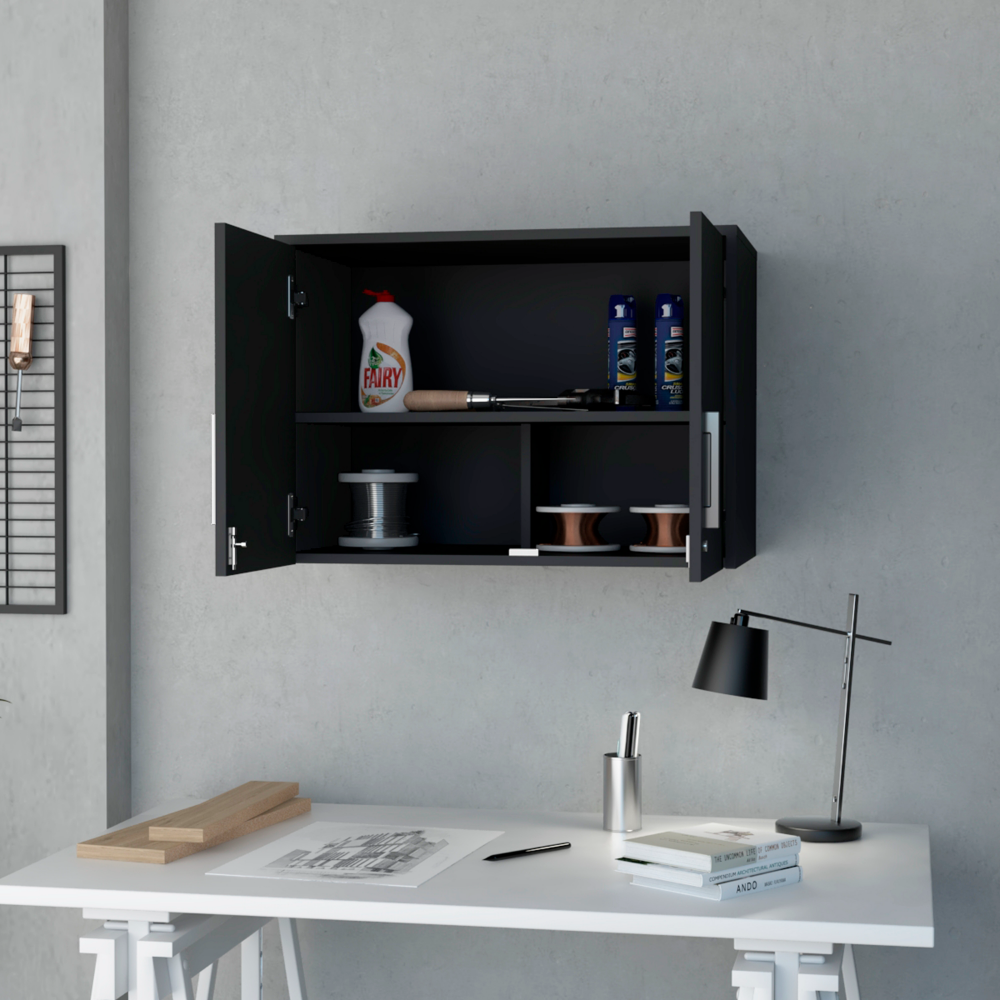 Wall Storage Cabinet, 3 Shelves, Double Door, Black Wengue.