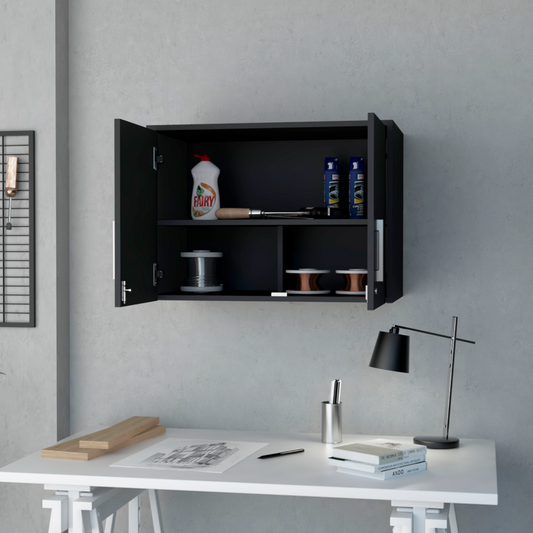 Wall Storage Cabinet, 3 Shelves, Double Door, Black Wengue.