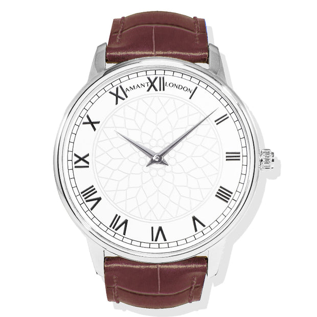 AMANT LONDON White Pattern Dial Roman Numeral Leather Strap Watch