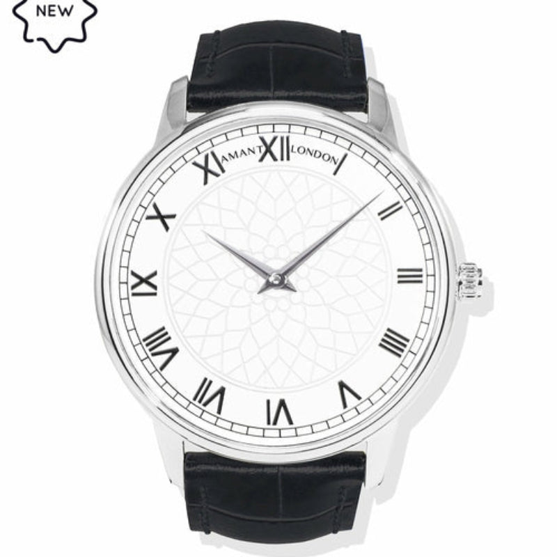 AMANT LONDON White Pattern Dial Roman Numeral Leather Strap Watch
