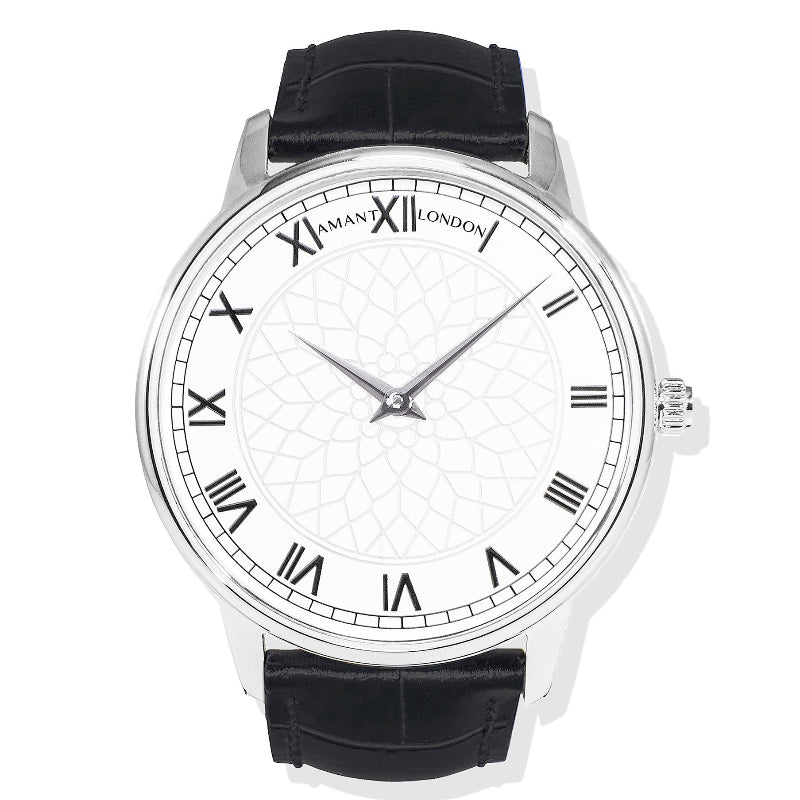 AMANT LONDON White Pattern Dial Roman Numeral Leather Strap Watch