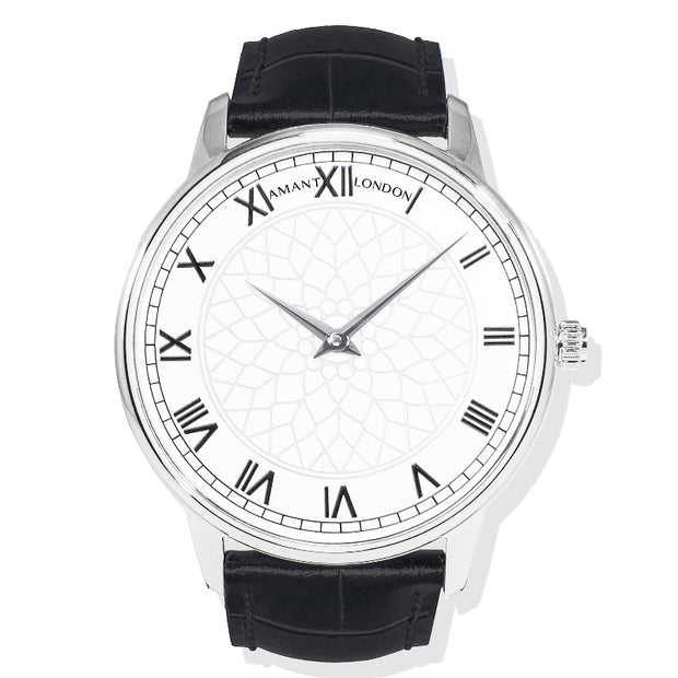 AMANT LONDON White Pattern Dial Roman Numeral Leather Strap Watch