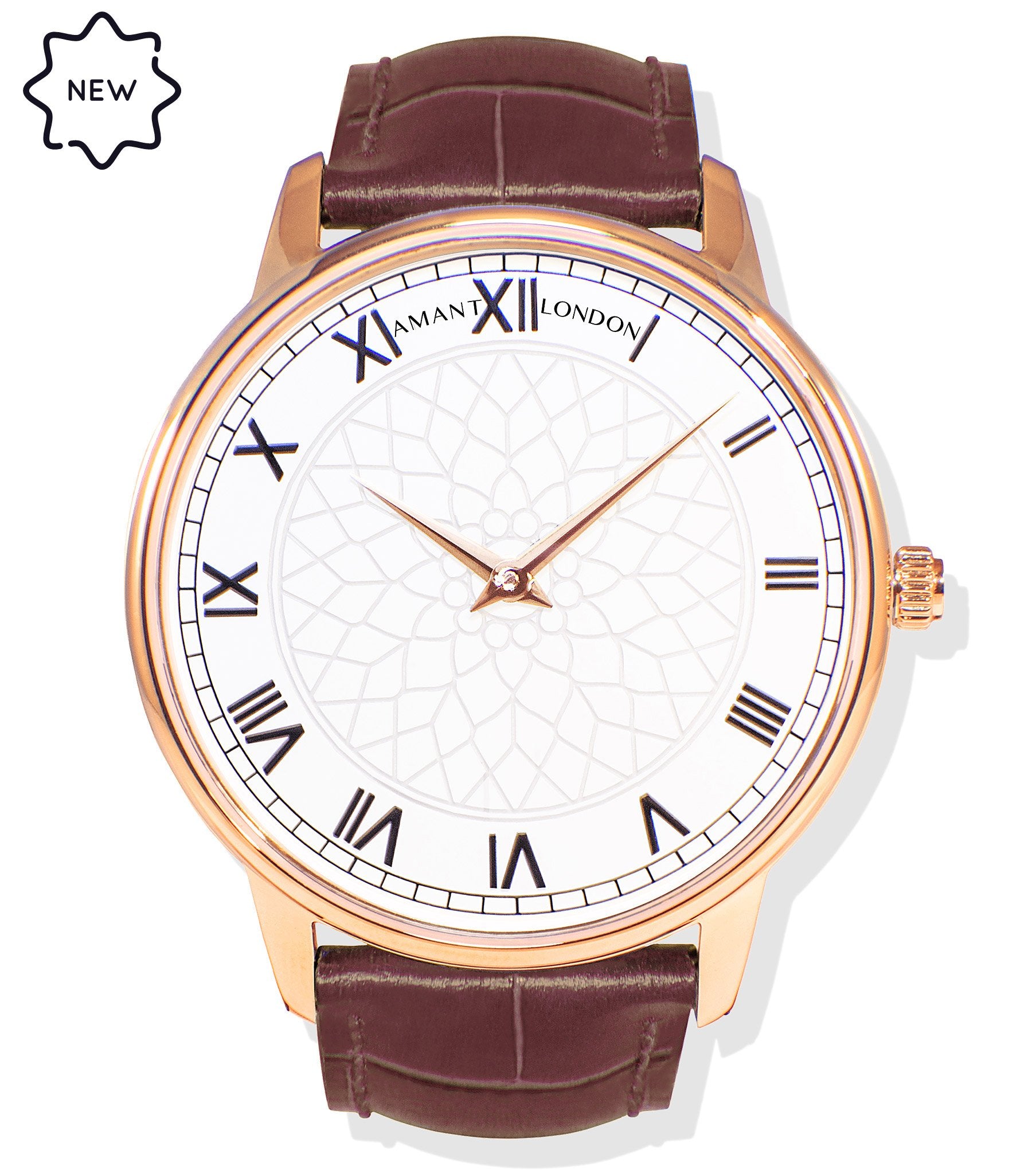 Amant London Classic Rose Gold Watch with Roman Dial & Leather Strap