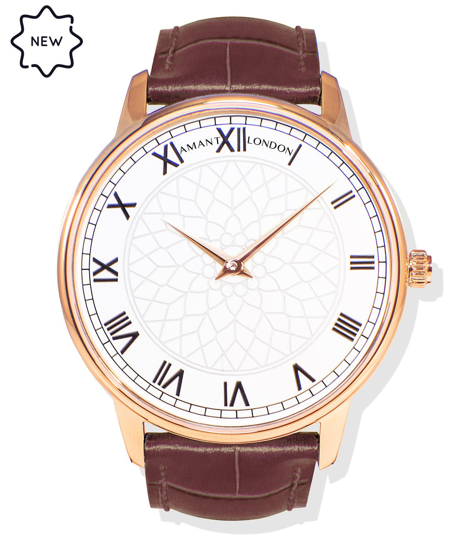 Amant London Classic Rose Gold Watch with Roman Dial & Leather Strap
