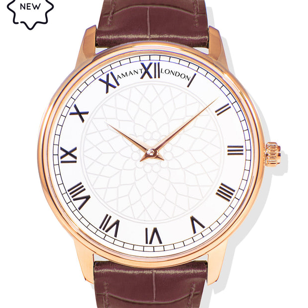 Amant London Classic Rose Gold Watch with Roman Dial & Leather Strap