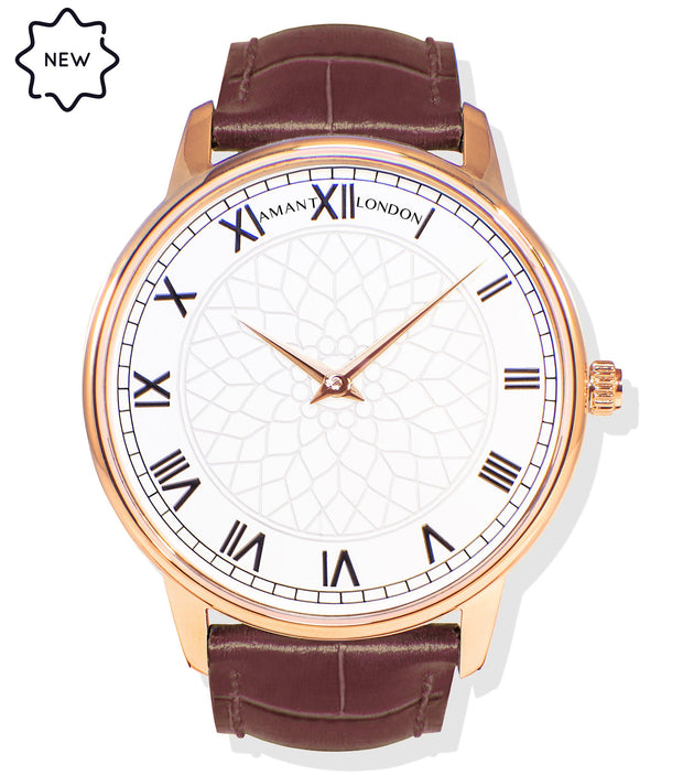 Amant London Classic Rose Gold Watch with Roman Dial & Leather Strap