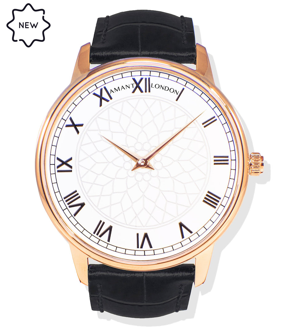 Amant London Classic Rose Gold Watch with Roman Dial & Leather Strap
