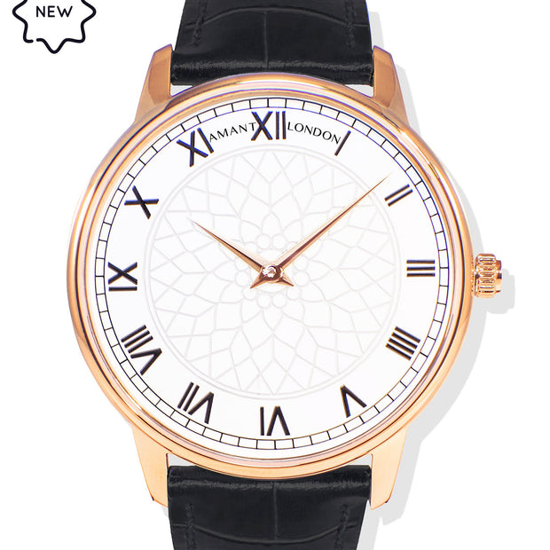 Amant London Classic Rose Gold Watch with Roman Dial & Leather Strap