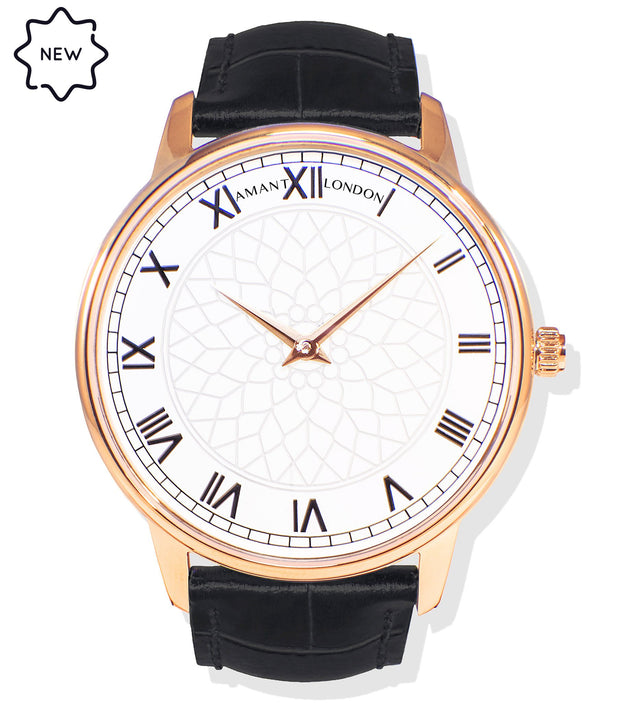 Amant London Classic Rose Gold Watch with Roman Dial & Leather Strap