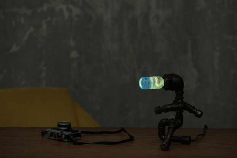 C.P.LIGHT Blue Green Glass Lamp Bulb with Wooden Base