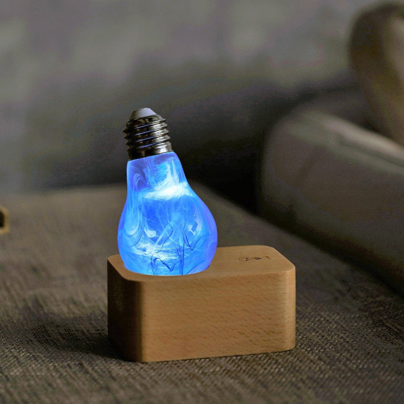 Blue Swirl Glass Decorative Light Bulb with Wooden and Metal Base