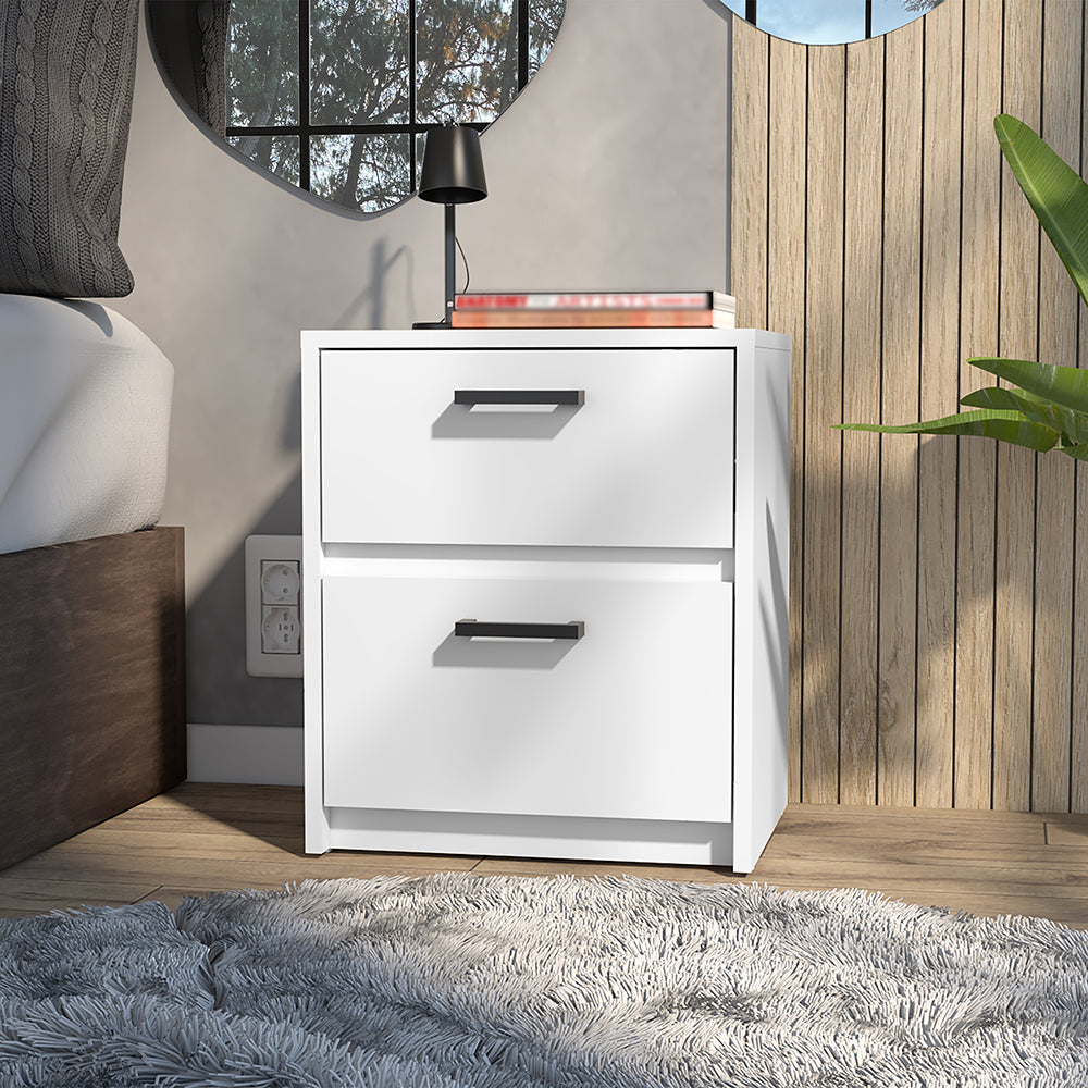 Nightstand, Two Drawers, White Finish.