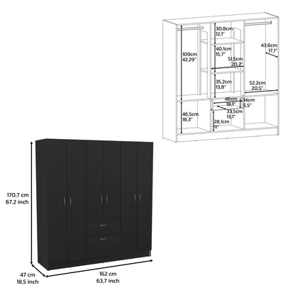 Six Doors Armoire, One Drawer, Black Wengue / White Finish.