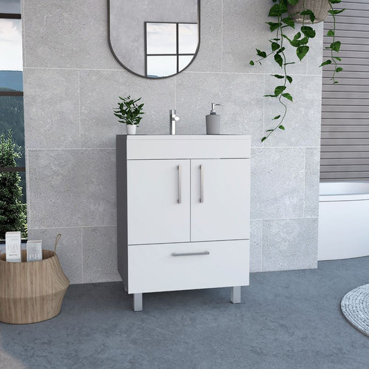 Single Bathroom Vanity, Double Door Cabinet, One Drawer, White.