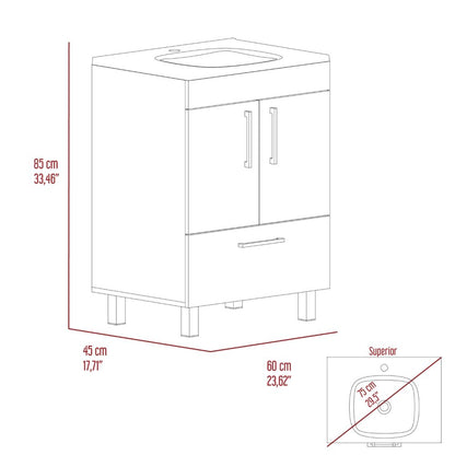 Single Bathroom Vanity, Double Door Cabinet, One Drawer, White.